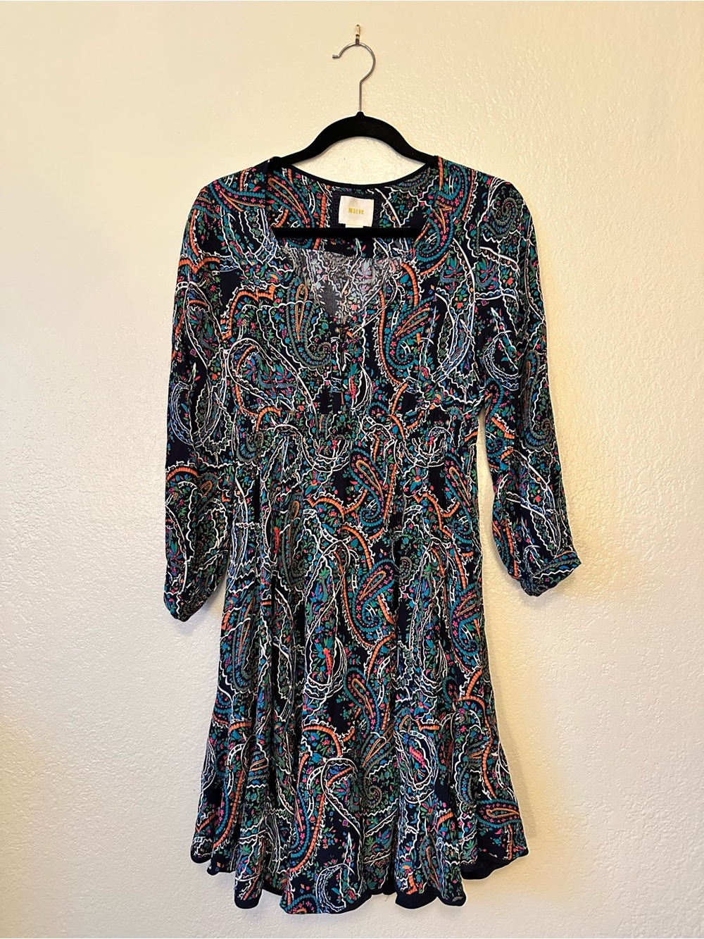 Maeve Anthropologie Paisley V-Neck Long-Sleeve Midi Dress